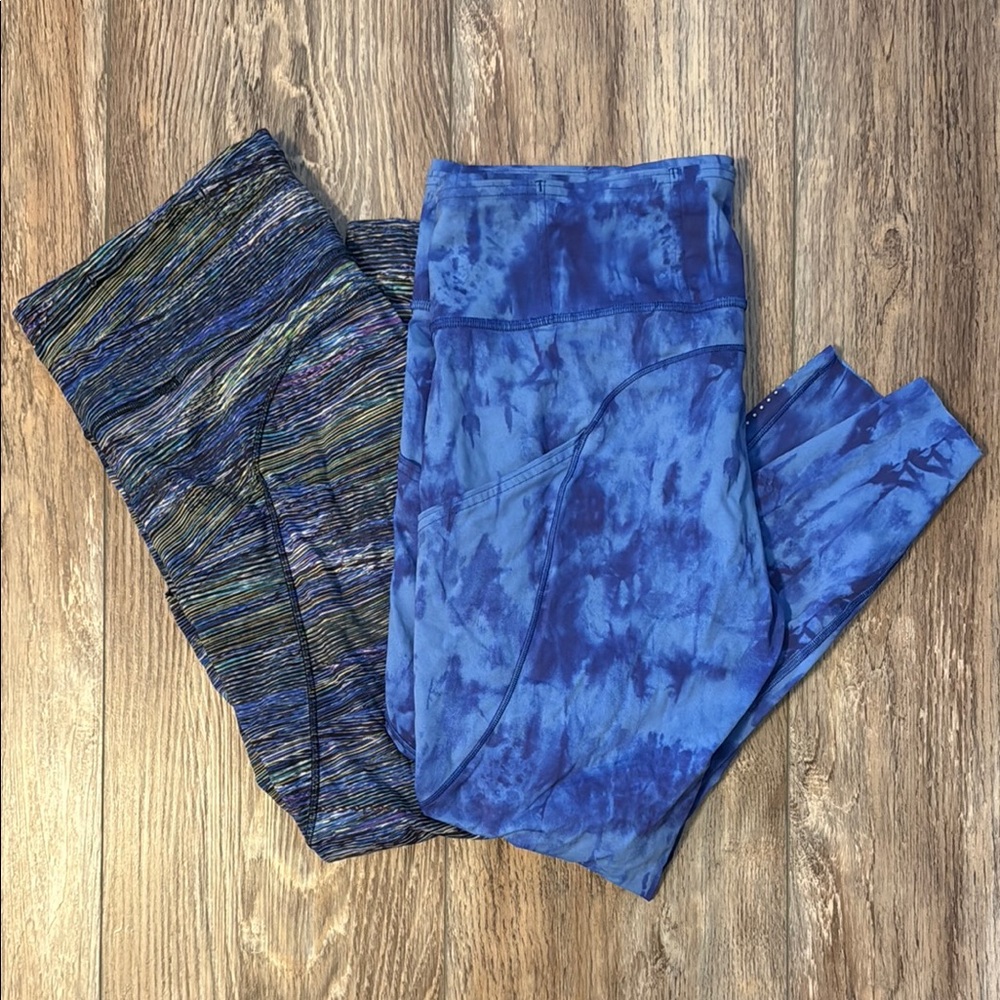 Lululemon Fast and Free Leggings 12 Blue Tie-Dye Stripe
